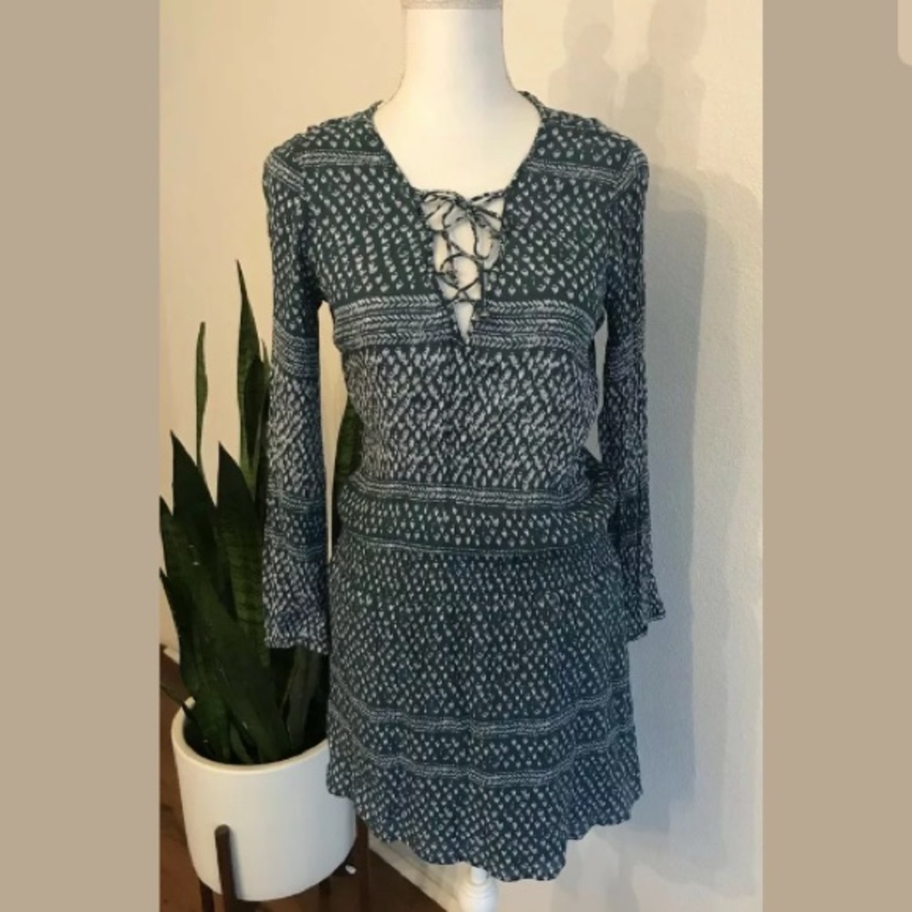 Love Stitch Lace Up Gauzy Shirred Boho Print Dress